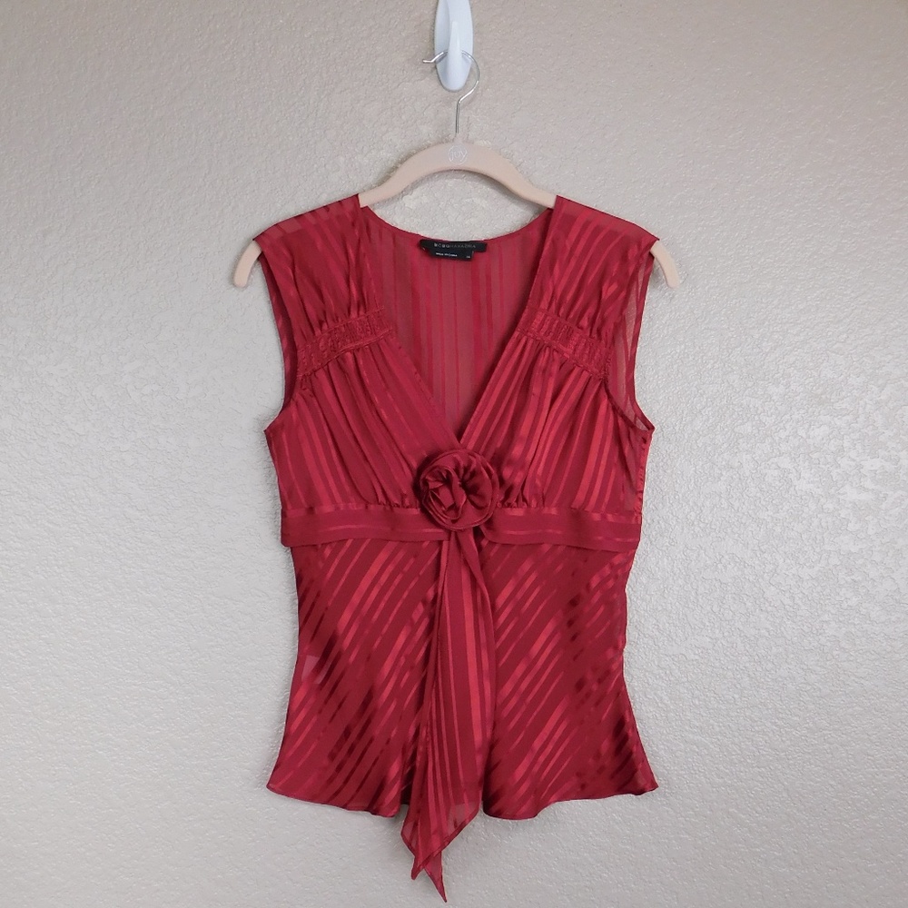BCBG Max Azria Red V-Neck Sheer Sleeveless Top